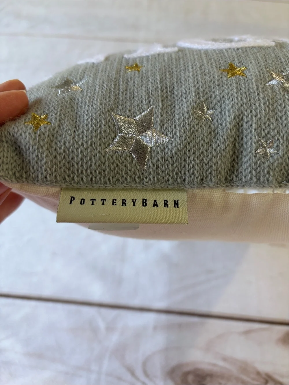 Pottery Barn Gray Holiday Pillow with White Lettering and Metallic Stars
